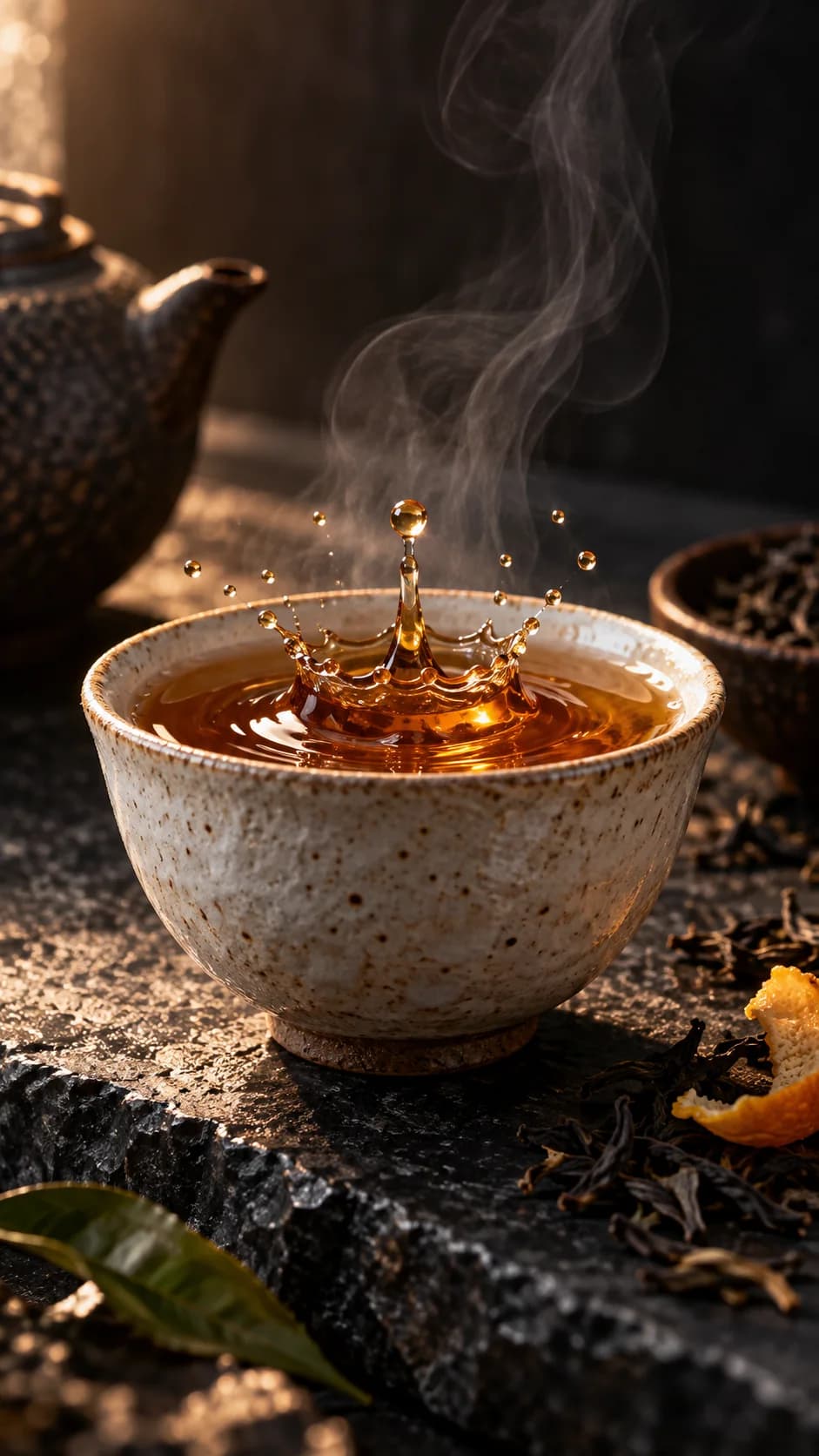 Tasse de thé avec vapeur et mouvement de caméra