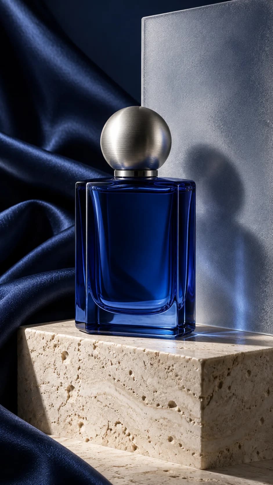 Produit en verre bleu accompagné de références visuelles