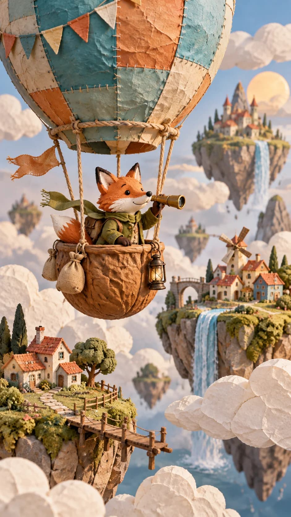 Renard illustré voyageant entre des îles flottantes