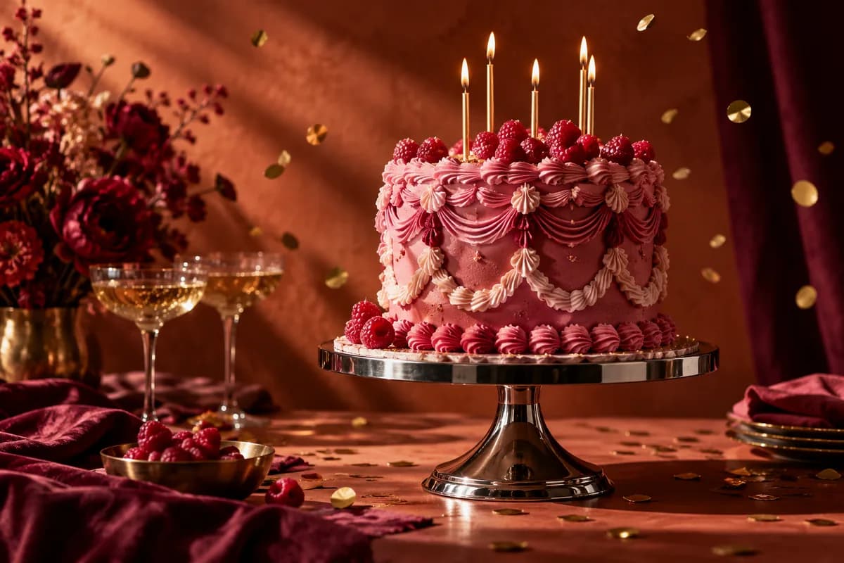 An artistic raspberry birthday cake with lit candles, warm studio light, and gold confetti