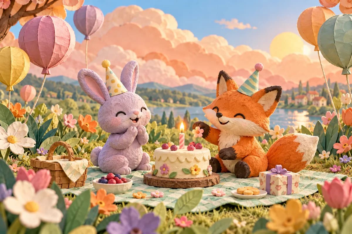 A handmade clay rabbit and fox celebrating with a tiny cake in a colorful paper garden