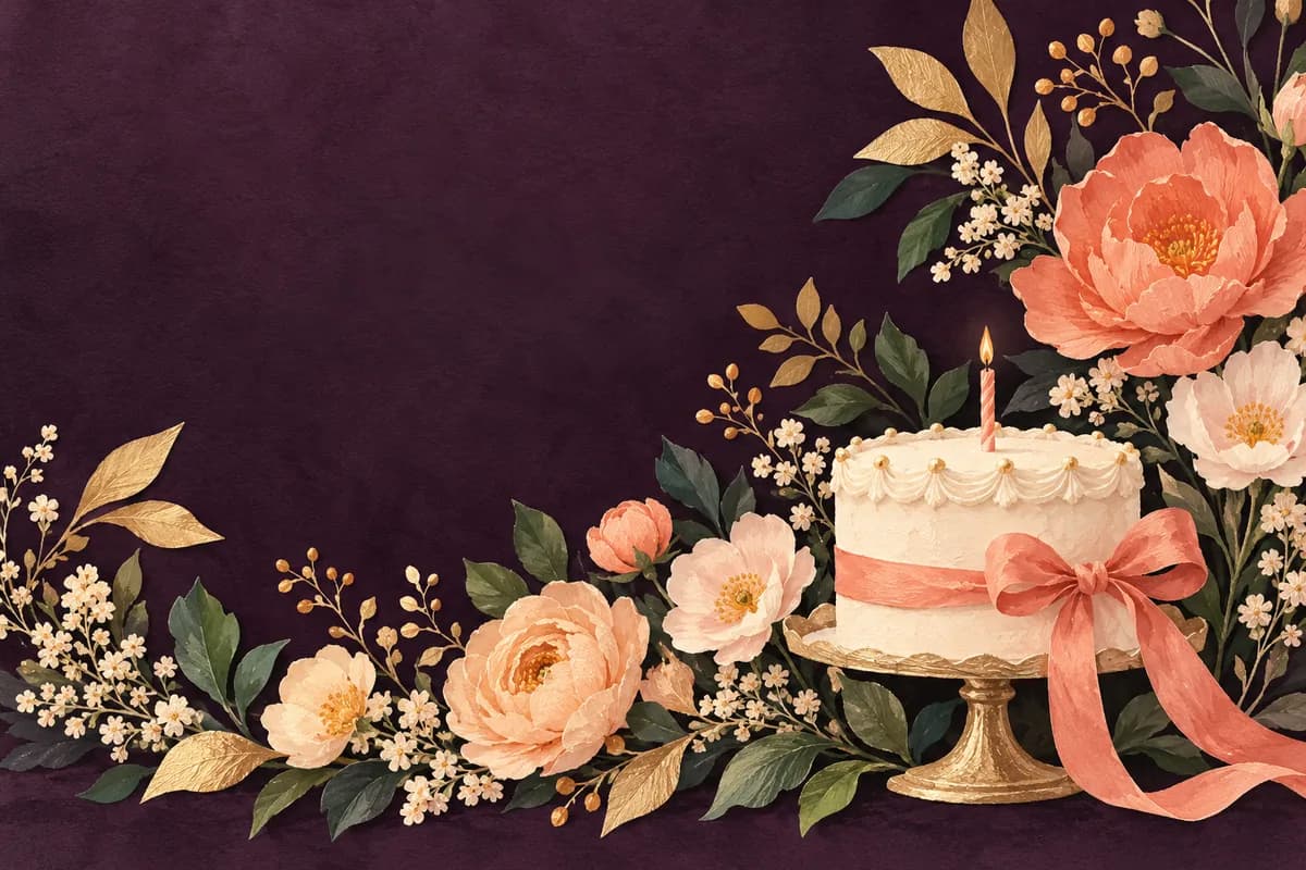 A gouache birthday cake and coral botanical paper artwork with space for an invitation message