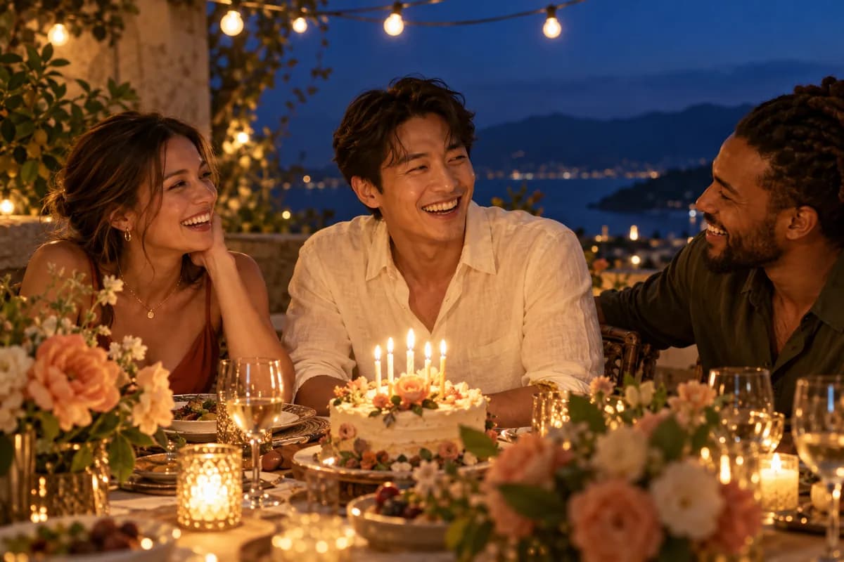 Three adult friends sharing a birthday dinner under warm string lights at blue hour