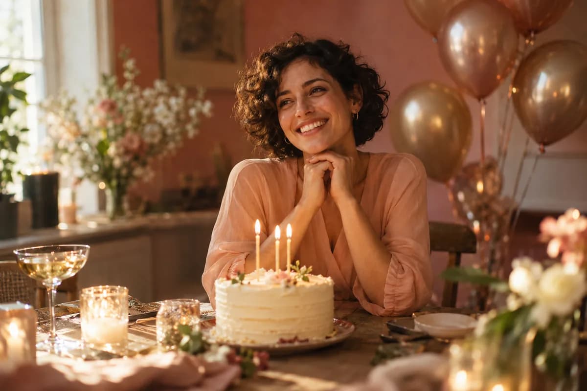 A smiling woman beside a candlelit birthday cake in a warm, intimate dining room