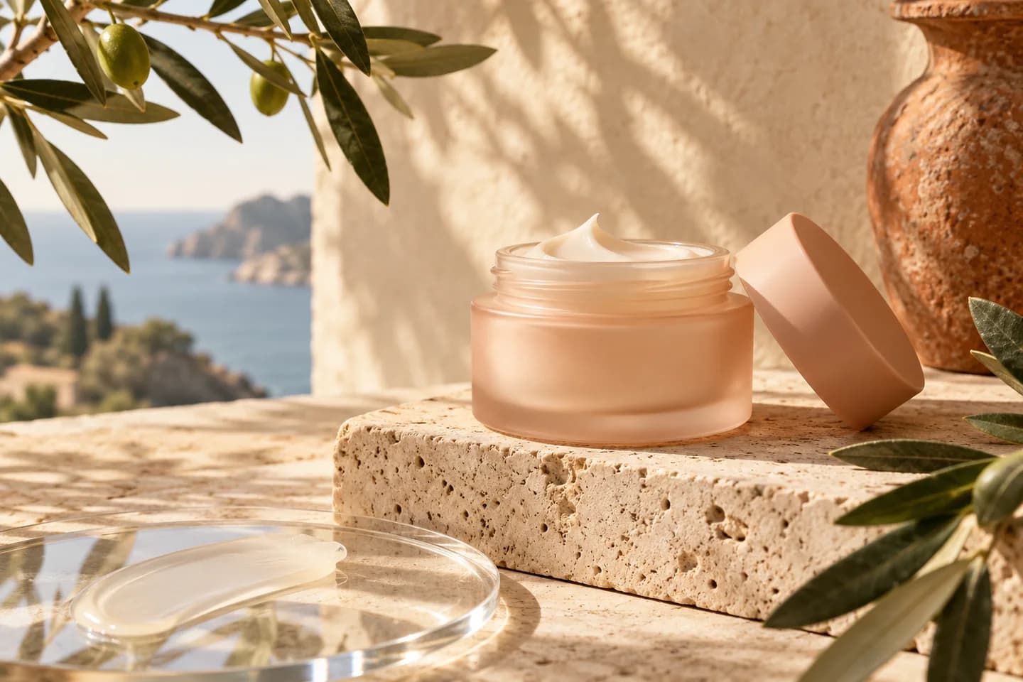 Peach skincare jar on travertine with olive leaves and Mediterranean sunlight