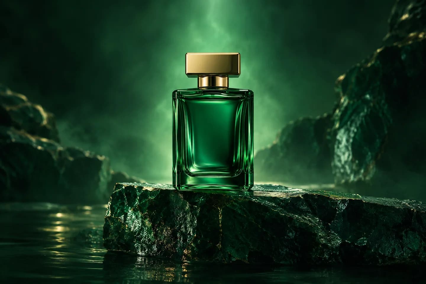 Emerald perfume bottle centered in a cinematic composition with generous space around it