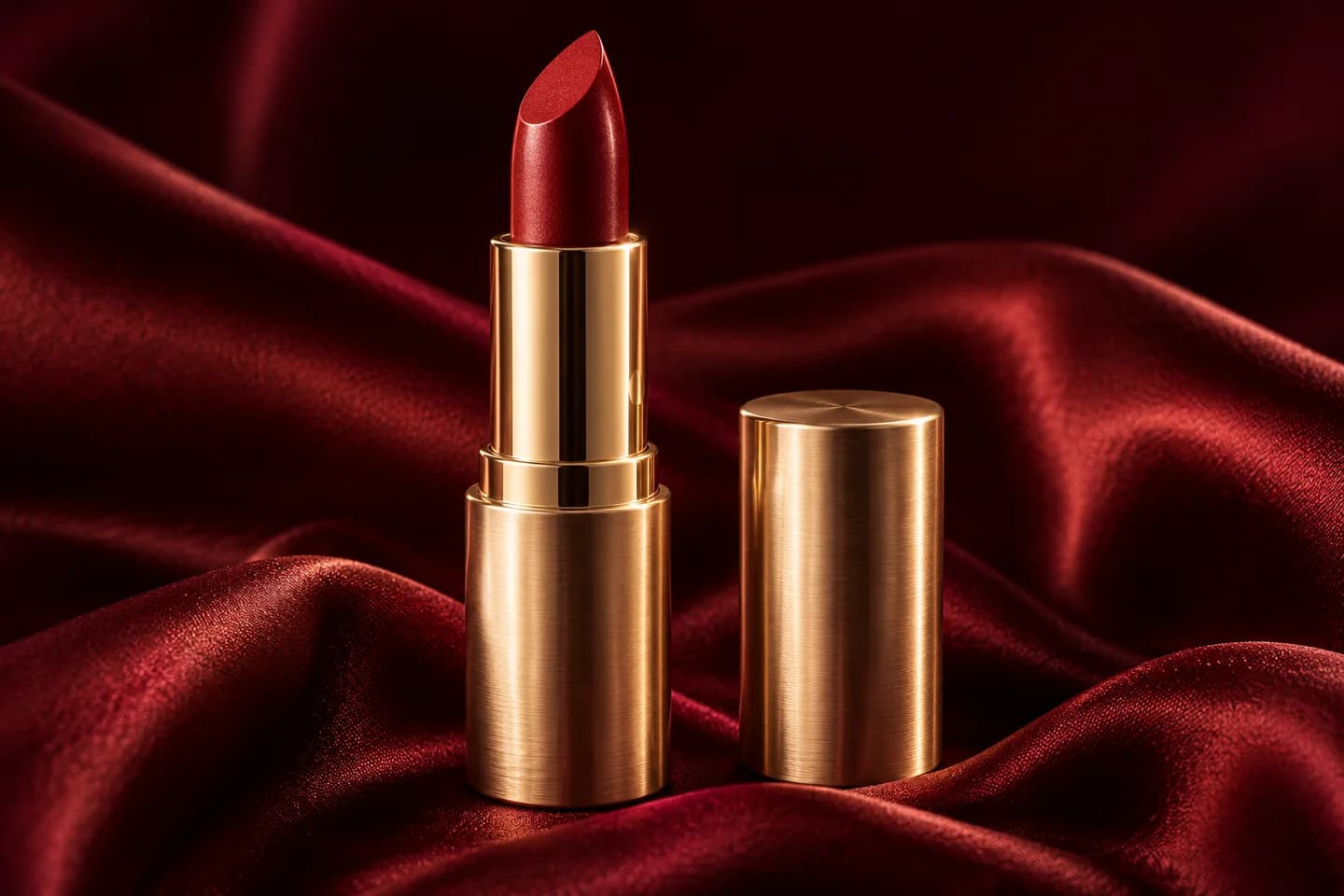 Crimson lipstick and champagne gold case on burgundy satin under warm rim light
