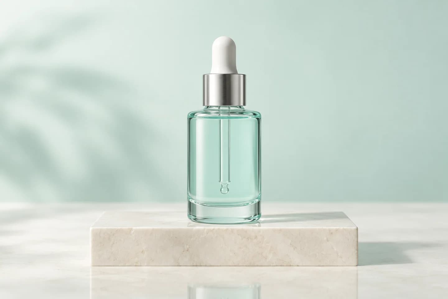 Clean aqua serum packshot with silver dropper and soft studio shadows