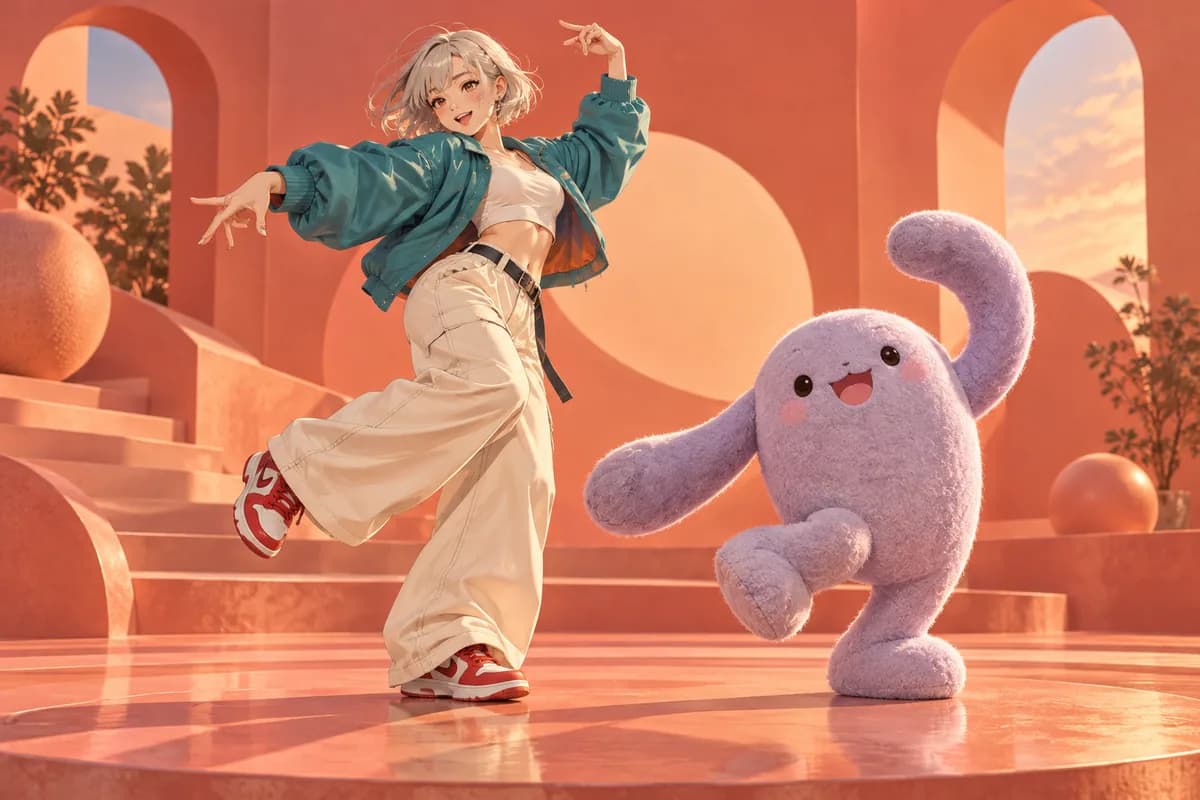 Original anime dancer and lavender felt mascot sharing a playful coral stage