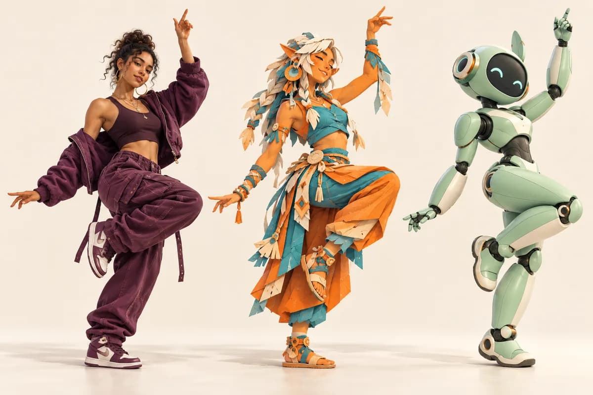 Three distinct dancers rendered as editorial photography, layered paper art, and a mint-green 3D robot