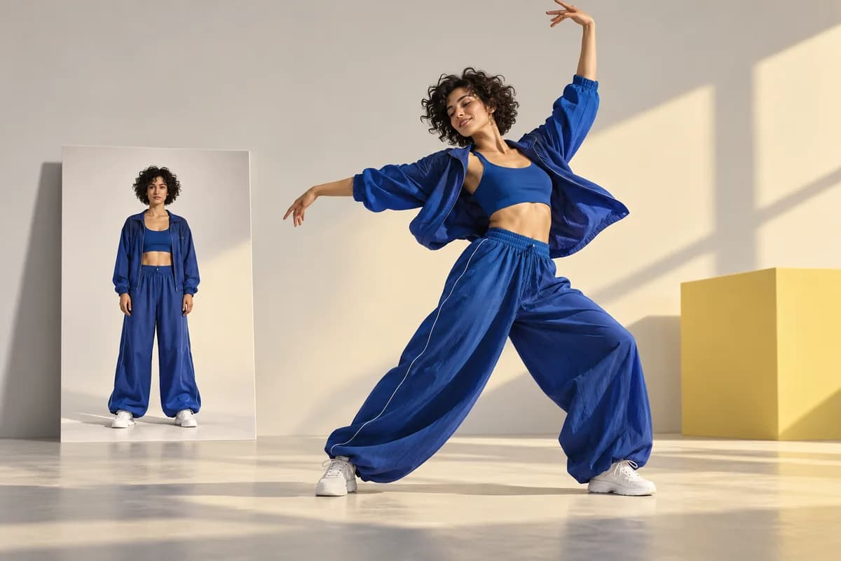 Editorial illustration of a cobalt-clad dancer stepping out beside a still photographic portrait