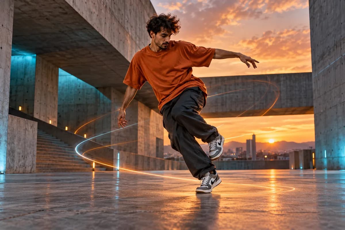 Street dancer performing full-body footwork in an architectural concrete courtyard