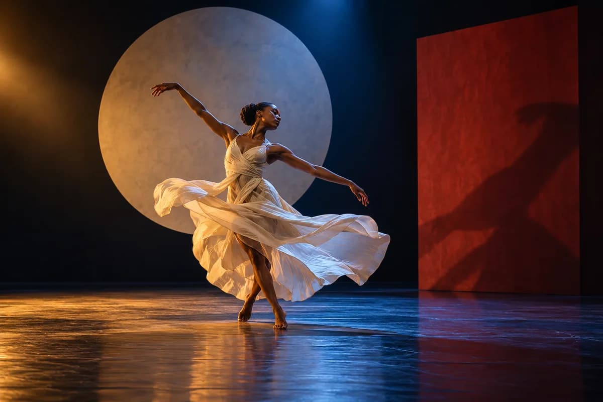 Contemporary dancer in an ivory dress framed by sculptural stage scenery and colored spotlights