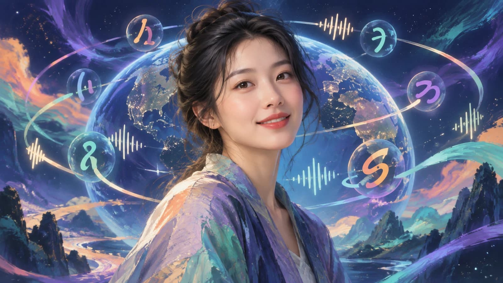 Portrait surrounded by multilingual sound motifs