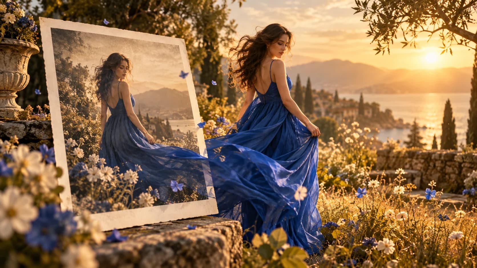 Artistic scene of a still photograph becoming a moving garden moment, illustrating image-to-video creation
