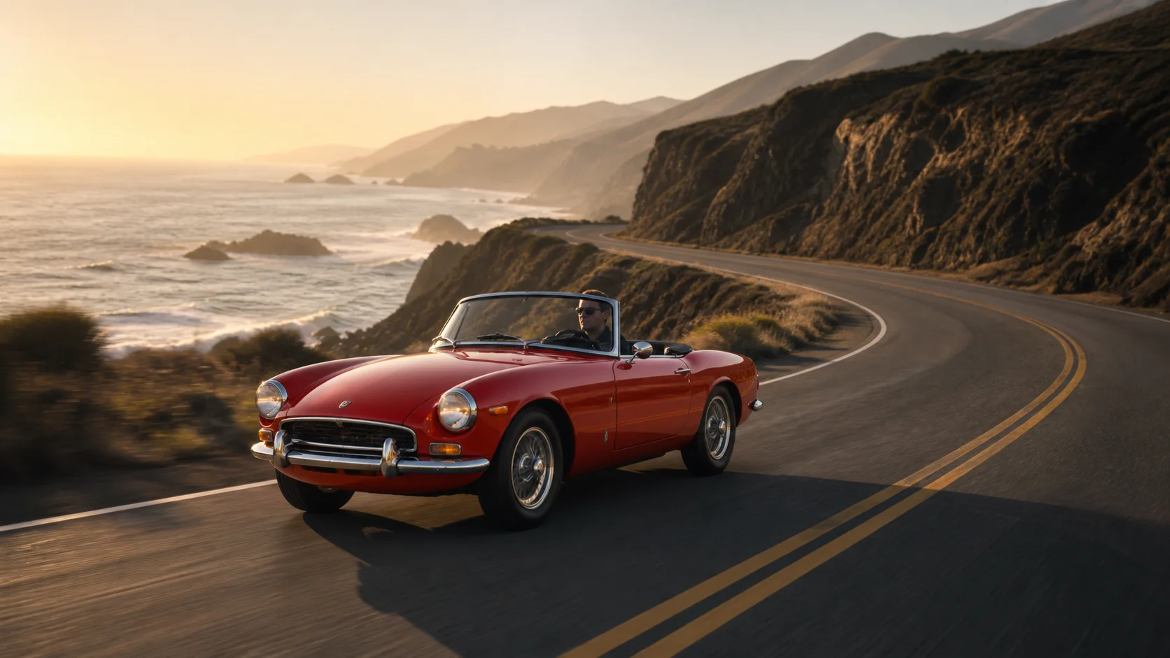 Red vintage convertible on a coastal road prepared for Hailuo AI Image to Video