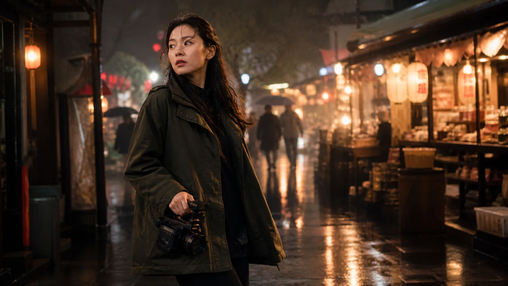 Female filmmaker in a rain-lit night market prepared for Kling AI Image to Video