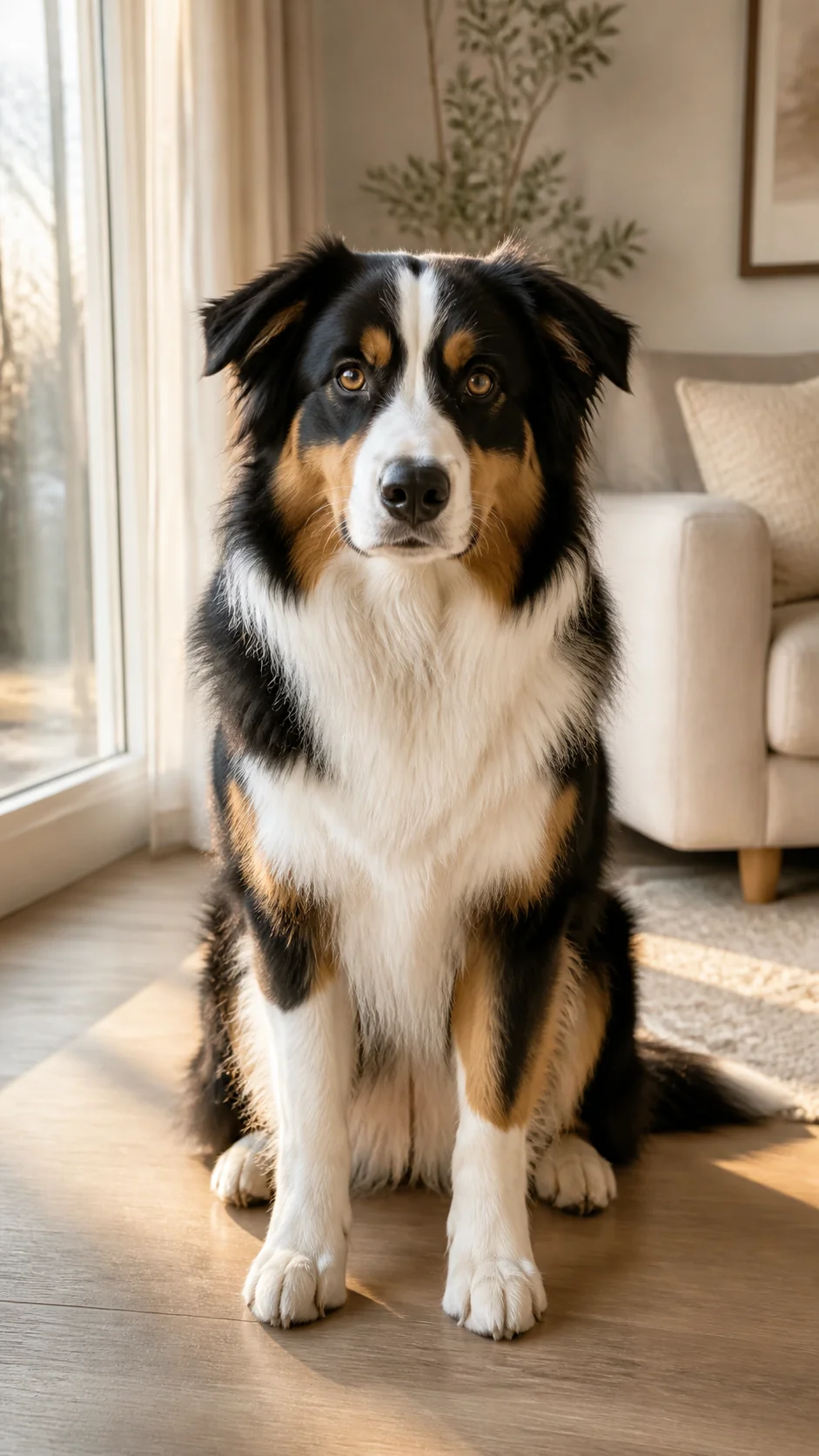 Tricolor dog photo animated into a subtle natural pet video