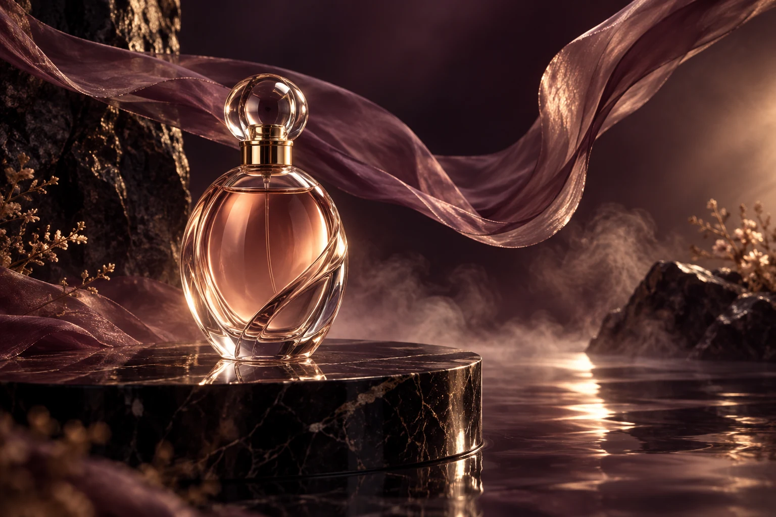 Unbranded perfume bottle and flowing silk prepared as a creative Seedance source image