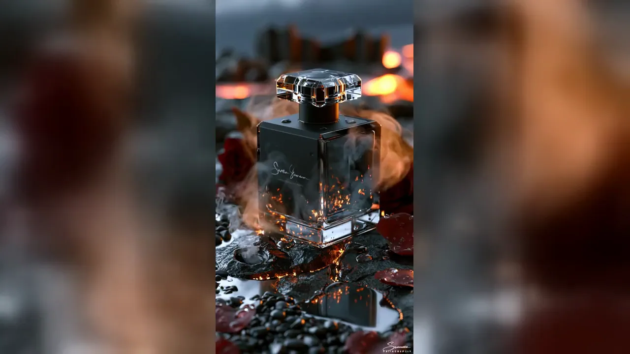 Luxury black fragrance bottle surrounded by warm reflections and mist