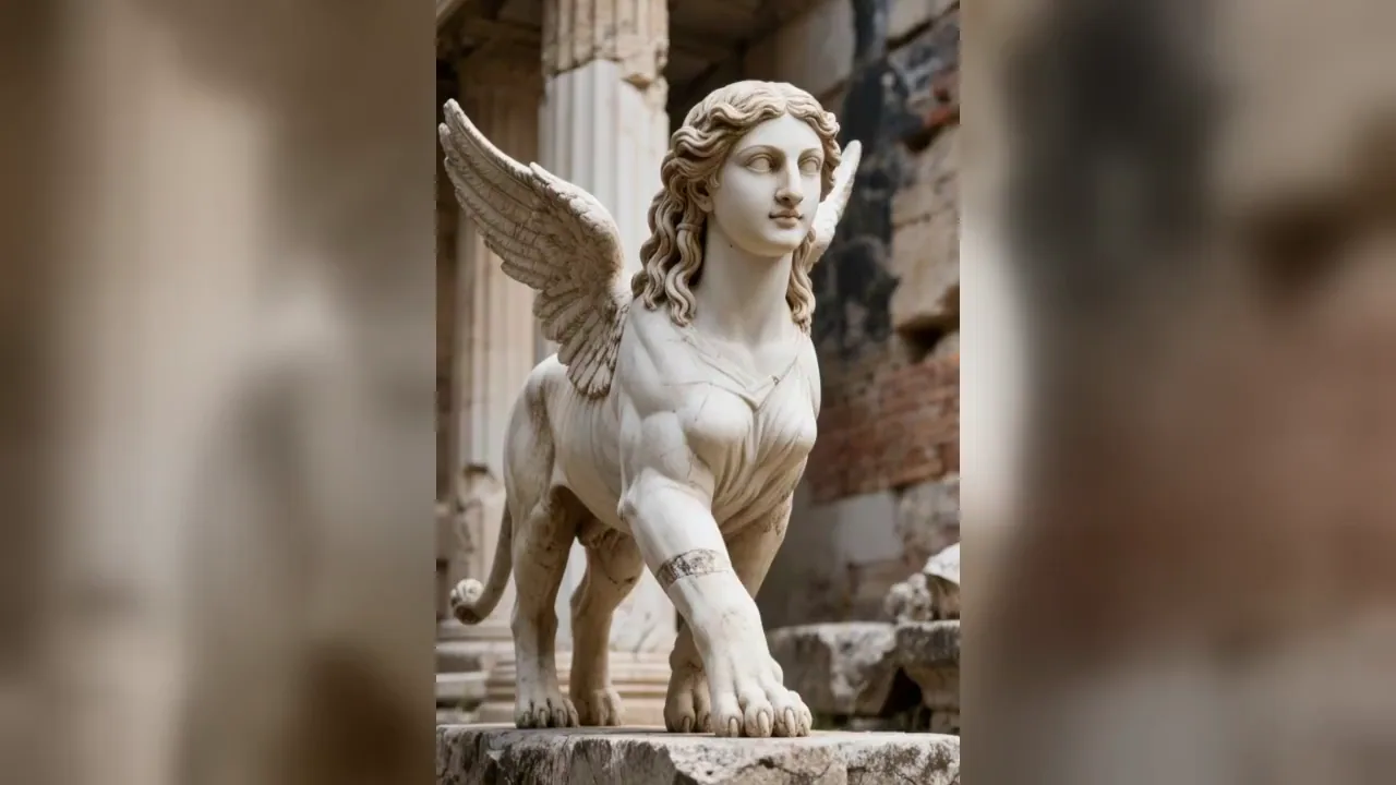 Winged stone figure carried consistently through an ancient ruin scene