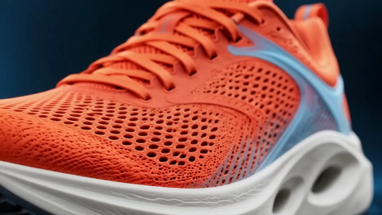 Coral running shoe: mesh close-up and full-product reveal