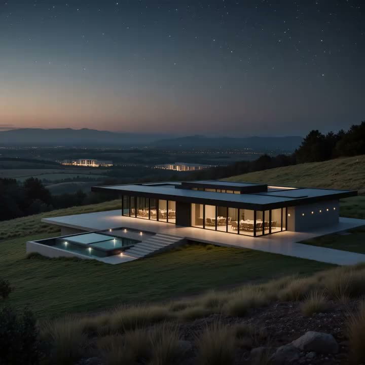 Modern hillside house at dusk