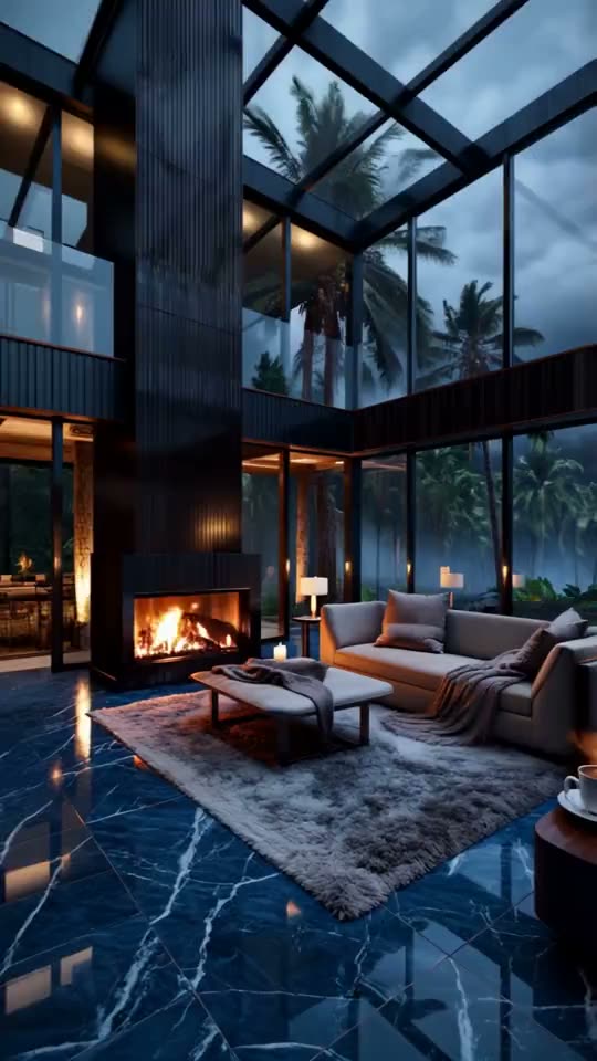 Glass house evening interior